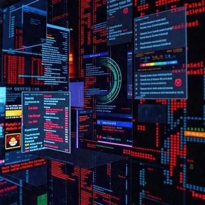 Primary subject: Computer screens
Setting/background: Dark room
Visual style: Digital art
Colors and mood: Red and blue